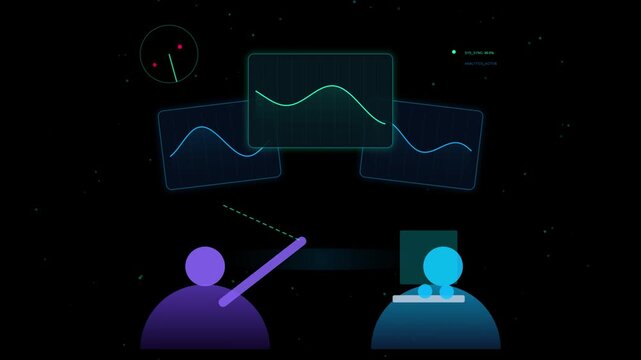 Futuristic data analysis animation, digital interface with line graphs and charts, stylized characters monitoring information on dark background