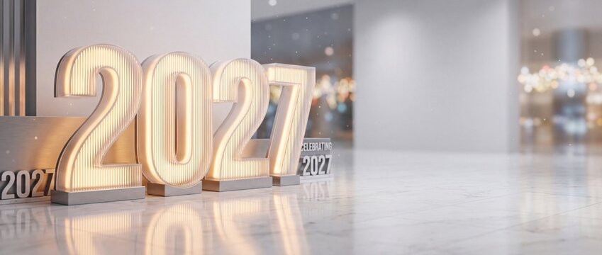 Christmas and New Year 2027 Banner with Fluted Cast Acrylic 2027 Numerals Vol 275