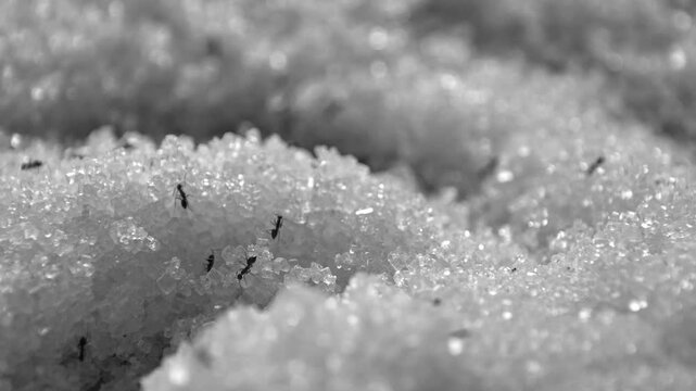 Ants swarming sugar, ants eating sugar, ants attracted to sugar, ants craving sugar, ants eating sweet food, sugar eating ants, swarm of ants on sugar, ant colony foraging, gathering, 4K ant videos