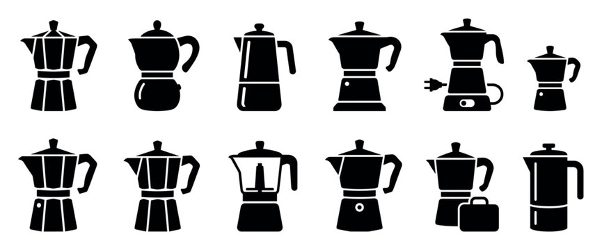 Collection of black moka pot icons showing different designs of geyser coffee makers, including classic stovetop and modern electric models, presented in a minimalist graphic style