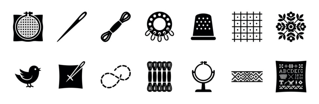 Collection of black sewing and embroidery icons showing a hoop, needle, thread, thimble, and cross-stitch sampler in a minimalist graphic style for needlework and craft concepts