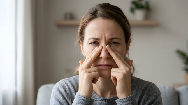 Woman Pressing Fingers Beside Nose and Beneath Eyes With Sinus Pressure and Facial Pain