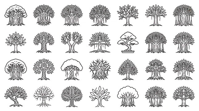 Banyan tree and sacred tree of life outline icons collection in minimal line art style isolated on white background