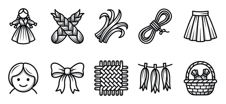 Set of ten black and white icons depicting traditional corn husk crafts, including a handmade doll, braids, a woven basket, and other natural elements in a clean line art style