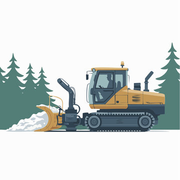 A yellow snow blower machine clears a path through snow in front of pine trees.