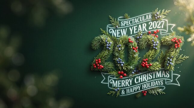 Christmas and New Year 2027 Banner with Lush Botanical Fir Needle and Vol 259