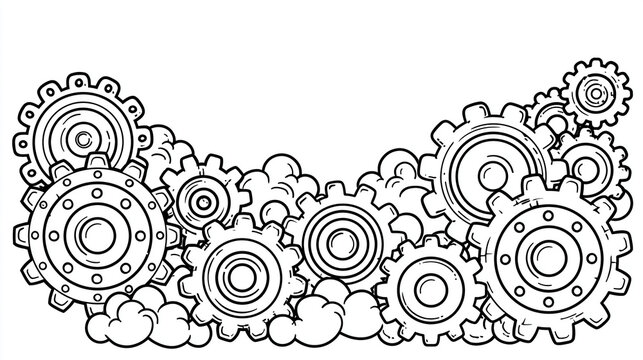 A collection of intricate gears set against a cloud-like background in black and white.