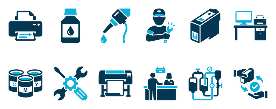 Printer service and ink refill icon set in a two-tone blue color scheme representing printing industry concepts like maintenance, supplies, large format printing, and customer support