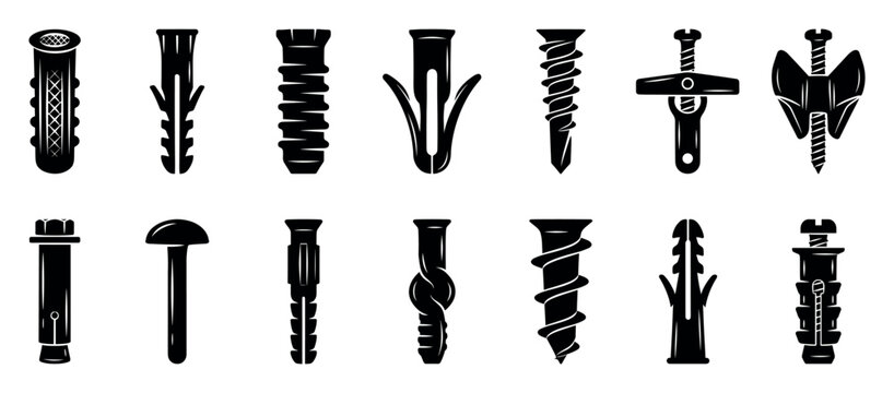 Set of various black dowel icons and wall anchor silhouettes for construction and repair, featuring different types of plastic and metal fasteners for secure mounting