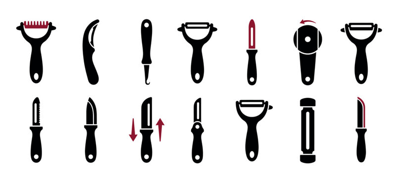Collection of black kitchen peeler and paring knife icons showing various designs like Y-peelers, swivel peelers, and zesters in a minimalist flat vector silhouette style