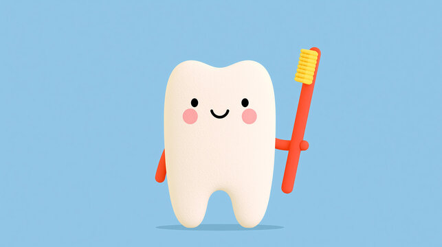 Cute cartoon tooth character holding a toothbrush in a cheerful pose.