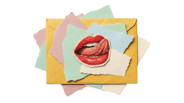 Collage of torn colorful paper scraps and a cutout of red lips on an envelope isolated on transparent background