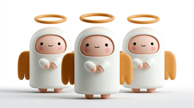 Three cute angel characters with orange wings and halos in a playful pose.