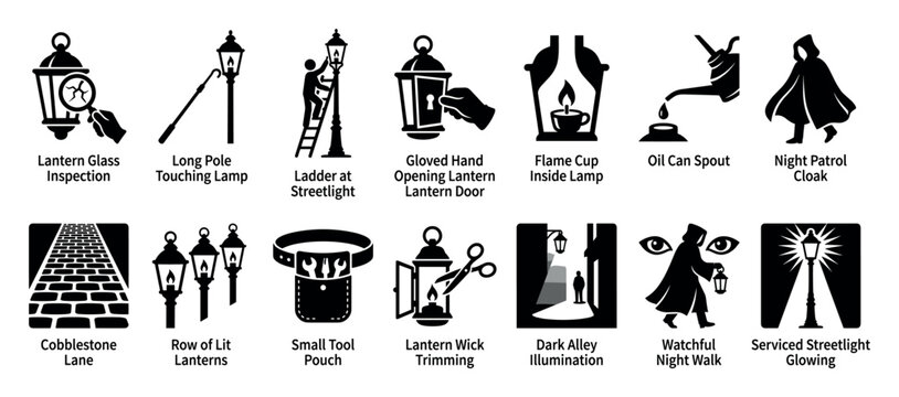 Black silhouette icon set of a lamplighter's job, showing tools and actions for maintaining and lighting old-fashioned street lamps on a cobblestone lane at night