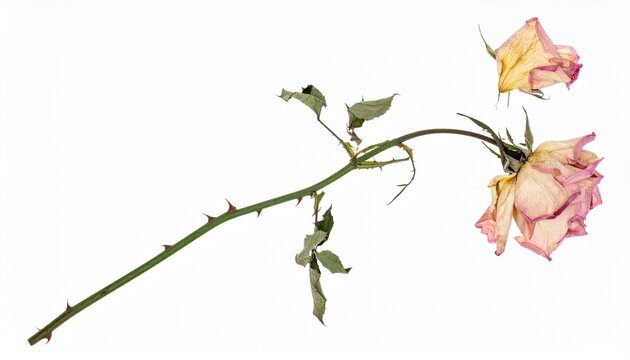 Dried withered pink rose with curved stem and leaves isolated on white background, vintage pressed flower botanical photography, romantic faded floral element for Valentine's Day and wedding decorativ
