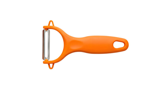 Orange kitchen vegetable peeler with a sharp metal blade for peeling food isolated on transparent background