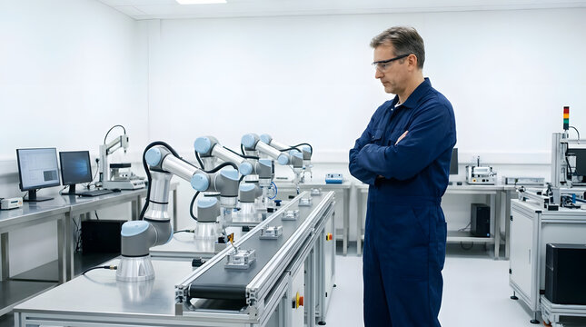 Engineer observing robotic arms in high-tech lab.