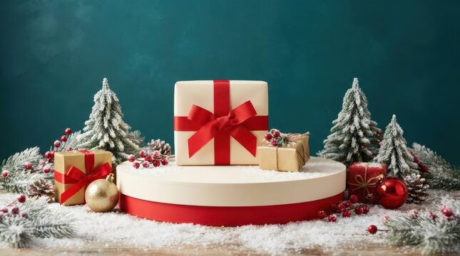 Merry Christmas White circular display podium with red ribbon gift box and miniature snow-covered trees for festive holiday product marketing