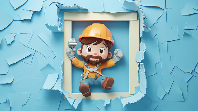 Excited 3D cartoon builder breaking through a blue wall holding a tool, representing home renovation and construction concepts