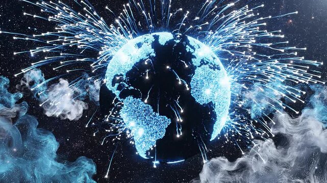 Glowing Earth rotating with exploding light particles in cosmic nebula background cinematic motion
