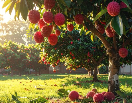 Close-up of red lychee fruits on tree.