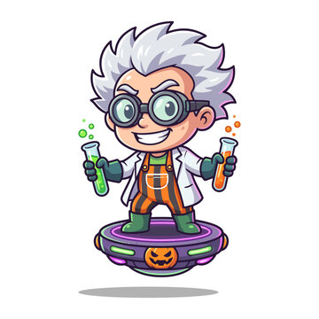 Cartoon mad scientist mascot wearing goggles and lab coat holding chemical test tubes on a pumpkin hoverboard