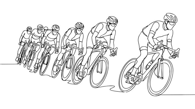 Continuous line art of cyclists peloton racing on road bikes vector illustration