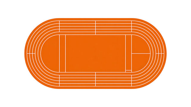 An orange running track with white lane markings, viewed from directly above on a plain white background.