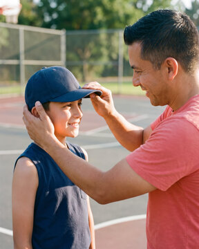 Playful father adjusting son's cap beside basketball court fence with warm natural light