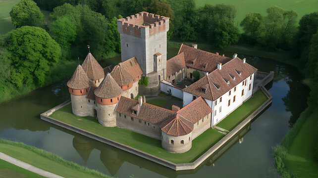 Angle aerial view of a historic stone castle with a moat, red tiled roofs, and green trees in a rural environment.