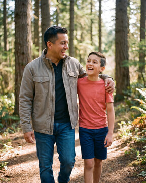 Joyful father and son walking together along forest trail with warm natural light