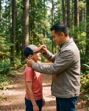 Attentive father adjusting son's cap along shaded forest trail with warm natural light