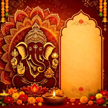 Ganesha sits in ornate mandal with diya and marigolds during Diwali festival celebration concept