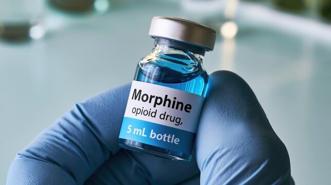 Morphine medical bottle of pain medication of opiate family which acts on CNS and used for acute and chronic pain in myocardial infarction kidney stones and during labor