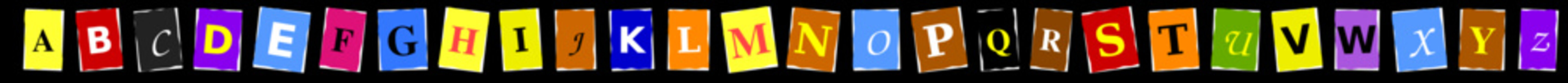 Collection of magazine cutout alphabet letters arranged as a row on a light beige background with ransom note ransom letter colored paper alphabet colorful