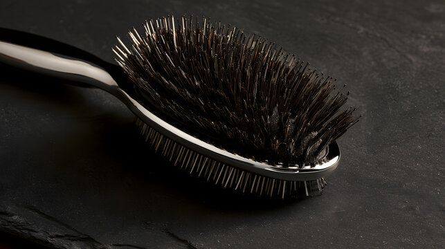 Professional luxury hair brush with natural boar bristles and chrome accents on dark slate stone