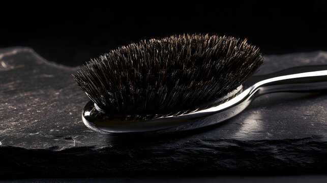 Professional luxury hair brush with natural boar bristles and chrome accents on dark slate stone