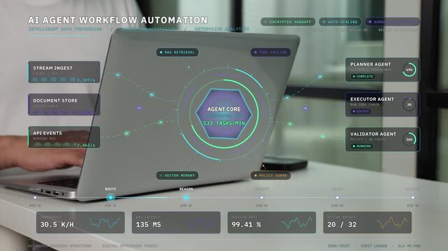 Laptop screen displaying artificial intelligence agent workflow automation graphics overlay, Programmer working on machine learning, data processing, software development, and modern tech concept