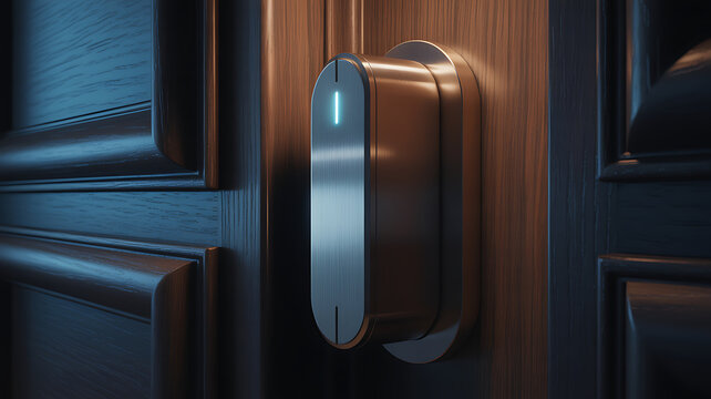 Brushed metal smart home door lock with a glowing blue light indicator mounted on a dark wooden textured panel door.