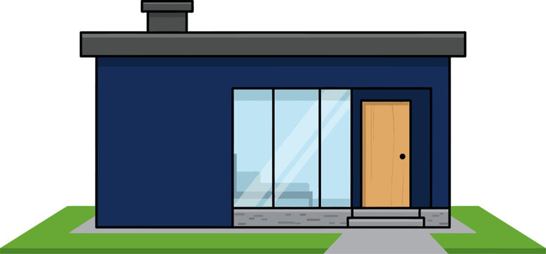 Modern minimalist small house illustration with flat roof and blue walls