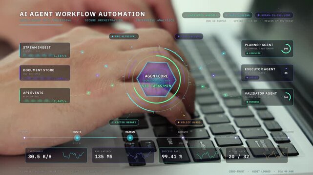Close-up of developer hands typing on laptop keyboard with artificial intelligence agent workflow automation graphics overlay, programming machine learning system, and data tech concept