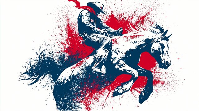 Cowboy riding bucking bronco with dynamic red splashes. Cowboy rider skillfully staying on a wild bucking bronco in a challenging rodeo event