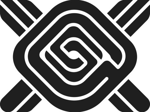 Black and white abstract geometric symbol with a spiral center and four outward pointing arms icon