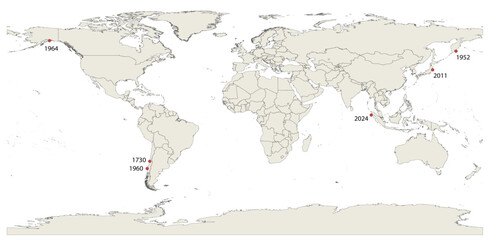 Obraz premium Global Distribution Map of Great Megathrust Earthquakes and Tsunamis Greater Than Magnitude 9.0 Mw