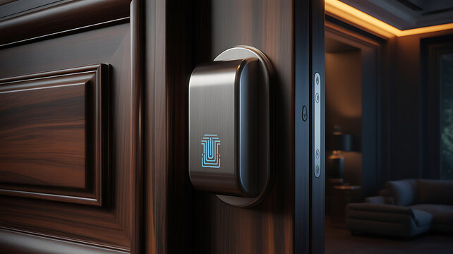 Digital electronic door lock with a glowing blue icon on a dark wooden door inside a dimly lit hallway.