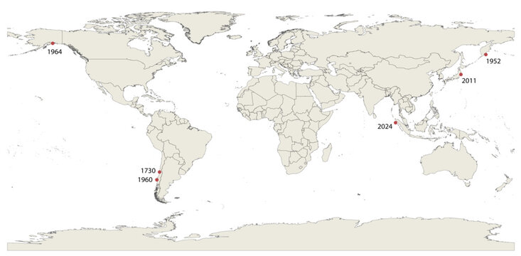 Global Distribution Map of Great Megathrust Earthquakes and Tsunamis Greater Than Magnitude 9.0 Mw