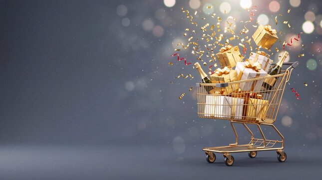 2027 Christmas and New Year Banner with Overflowing Golden Shopping Cart with Vol 142
