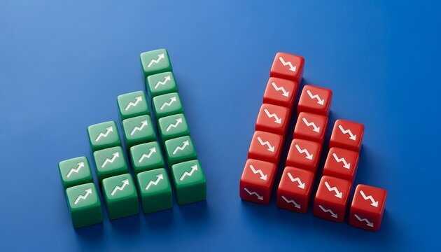 A stark visual representation of market fluctuations, with rows of green dice displaying upward trending arrows contrasted against red dice showing downward trends