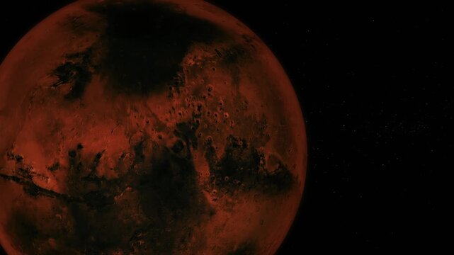 Red planet mars in dark space with stars, showing a rough rocky surface and dramatic shadows