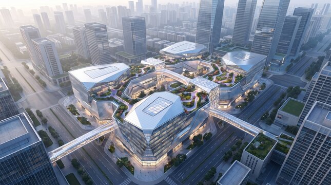 Large futuristic commercial complex consisting of several interconnected modern buildings with glass facades, rooftop gardens, geometric structures, metallic surfaces, skylights.